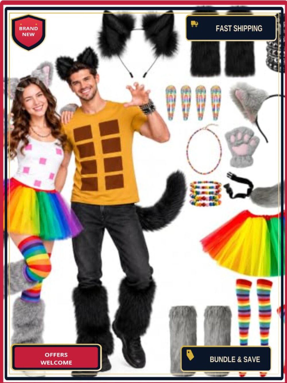 18 Pc Halloween Rainbow Cat Costume Set Couples Cosplay Outfit
